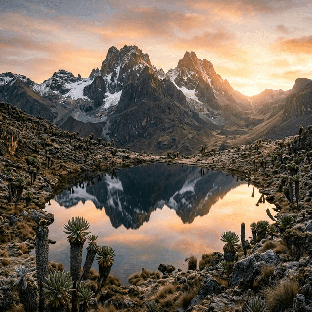 Sunrise over Mount Kenya summit with glacial peaks and alpine scenery